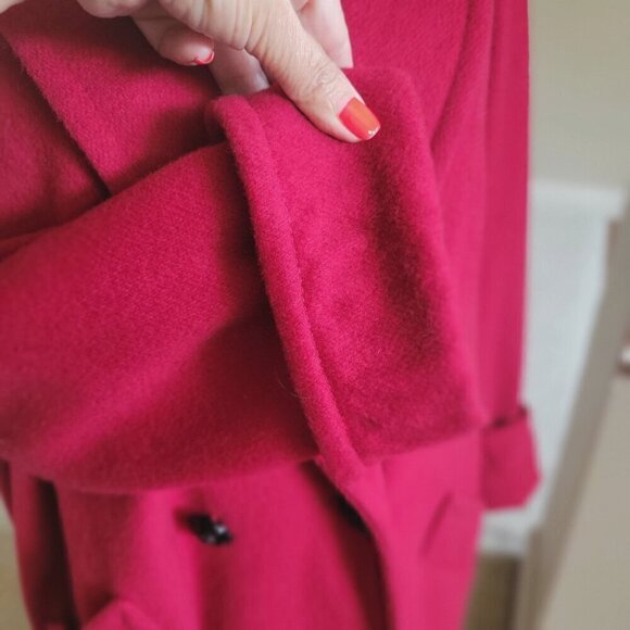 Jofeld Vintage Long Red Wool Overcoat W/Black Velvet Collar & Double-Breasted - Picture 6 of 9